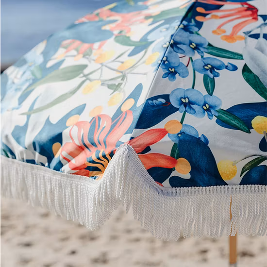 Sombrilla de playa de madera con flecos para exteriores con protección solar de primera calidad y borlas